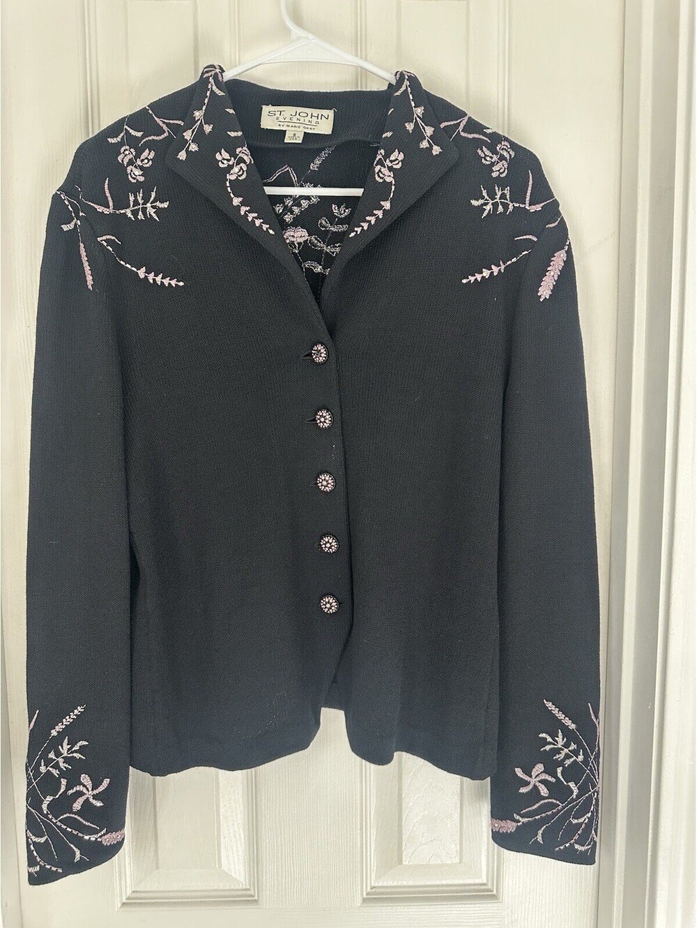 Vintage 90s St. John Evening Black Santana Knit Pink Floral Embroidered Jacket 8